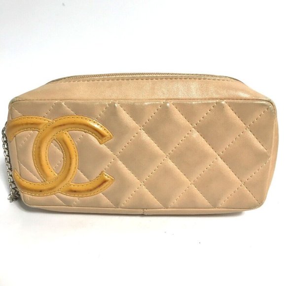 CHANEL Cambon Line CC CC Mark Makeup pouch Cosmetics Pouch Leather Beige - Picture 1 of 16